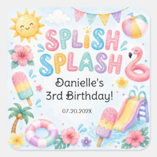 Whimsical Watercolor Splish Splash Birthday Square Sticker