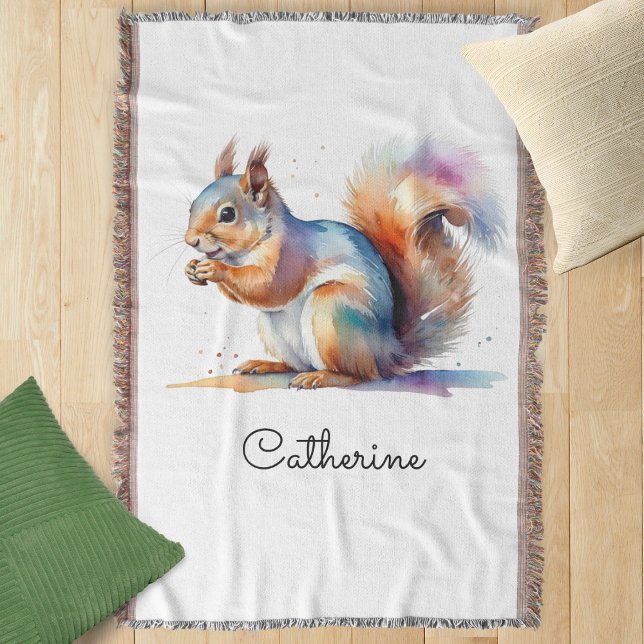 Whimsical Watercolor Squirrel Personalized Throw Blanket (A throw blanket with squirrel design in a watercolor style, personalized with a name)