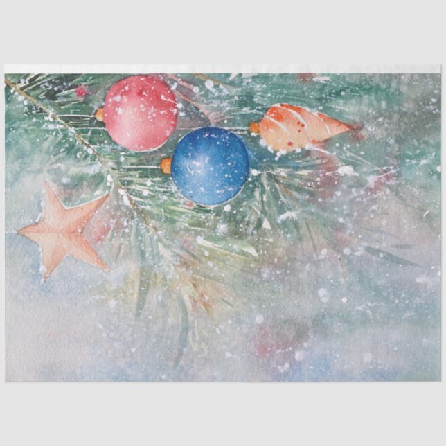 Whimsical Watercolor Stars Balls on Christmas Tree Tissue Paper (Front)