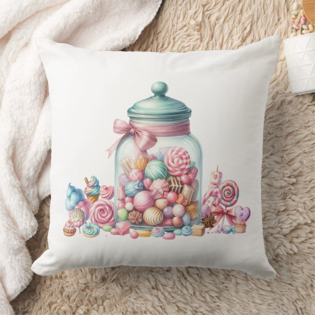 Whimsical Watercolor Sweet Candy Throw Pillow (Blanket)