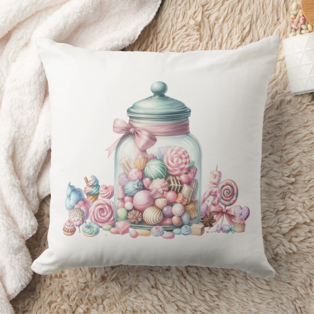 Whimsical Watercolor Sweet Candy Throw Pillow (Blanket)