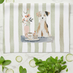 Whimsical Watercolor Tea Time Dog Kitchen Towels