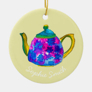 Whimsical watercolor teapot ceramic ornament