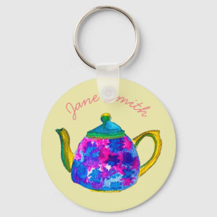 Whimsical watercolor teapot keychain