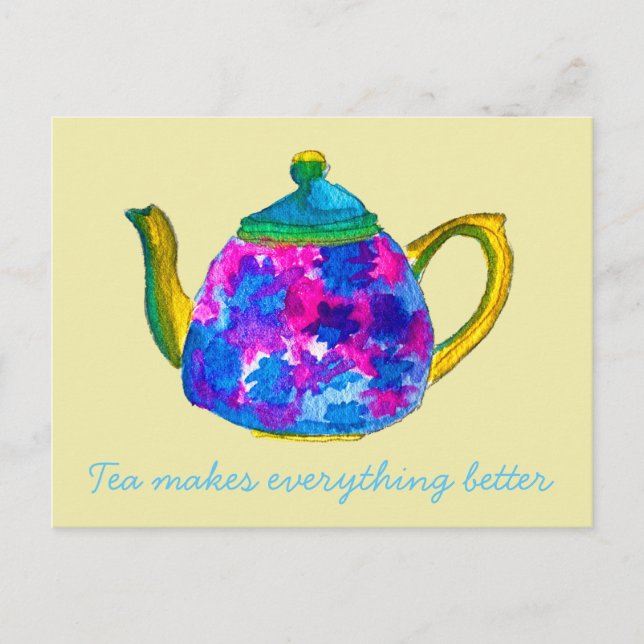 Whimsical watercolor teapot postcard (Front)