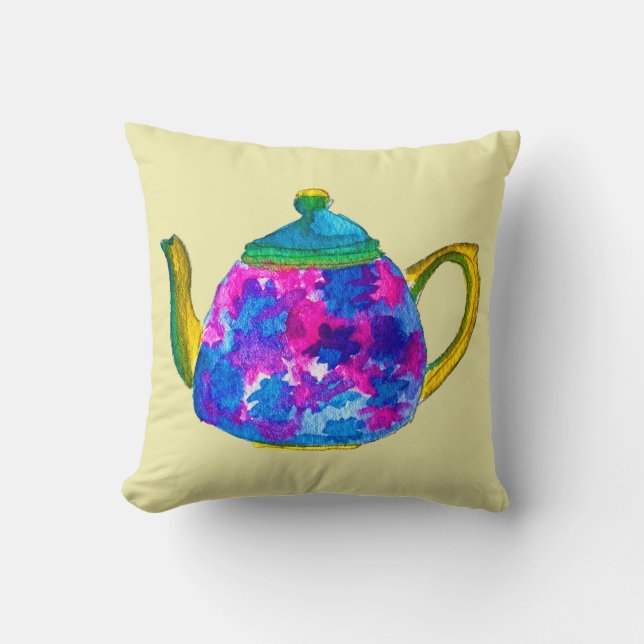 Whimsical watercolor teapot throw pillow (Front)