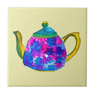 Whimsical watercolor teapot tile