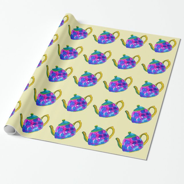 Whimsical watercolor teapot wrapping paper (Unrolled)