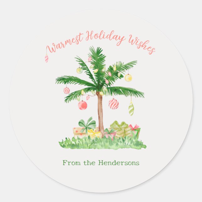 Whimsical Watercolor Tropical Christmas Lights Classic Round Sticker (Front)