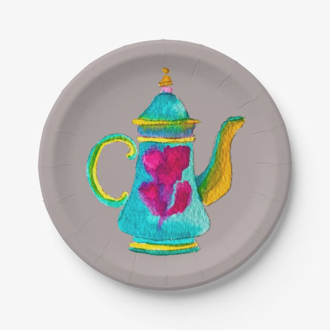 Whimsical watercolor Turkish teapot Paper Plate (Front)