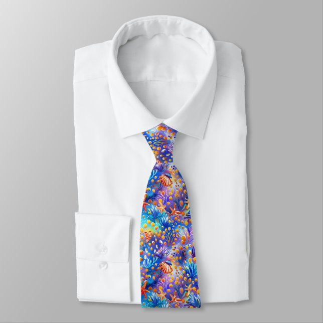 Whimsical Watercolor Underwater Scene Ocean Tie (Tied)