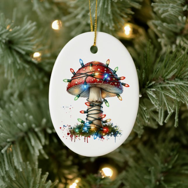 Whimsical Watercolor Vintage Mushroom Christmas Ceramic Ornament (Tree)