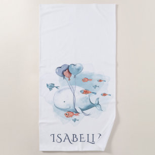 Whimsical Watercolor Whale and Fishes Personalized Beach Towel