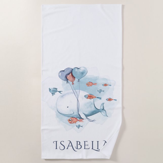 Whimsical Watercolor Whale and Fishes Personalized Beach Towel (Front)