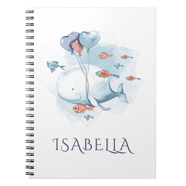Whimsical Watercolor Whale and Fishes Personalized Notebook (Front)