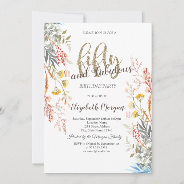 Whimsical Watercolor Wildflower Dried 50th  Invitation (Front)