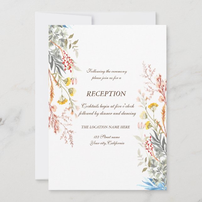 Whimsical Watercolor Wildflower Dried Reception  Invitation (Front)