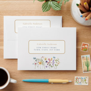 Whimsical Watercolor Wildflowers Gold Wedding Envelope