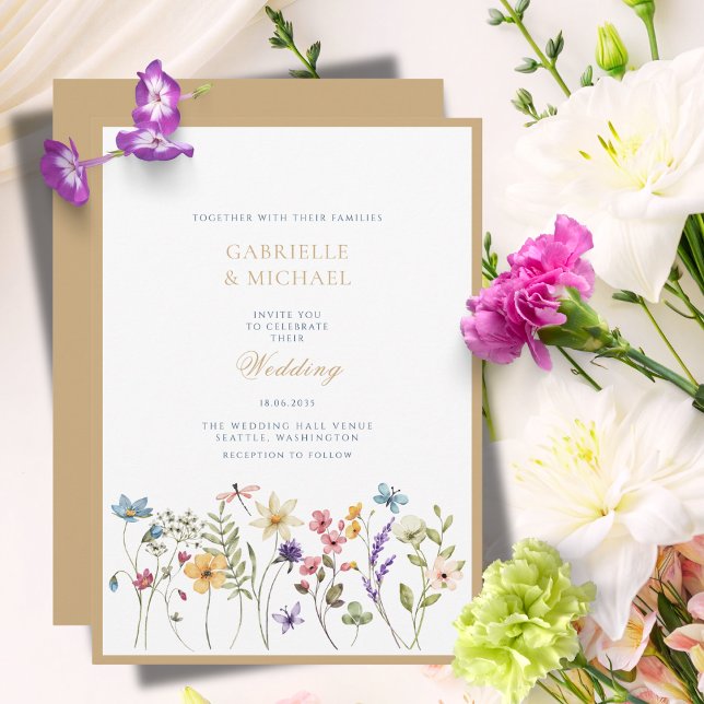 Whimsical Watercolor Wildflowers Gold Wedding  Invitation (Creator Uploaded)