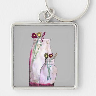 Whimsical watercolor wildflowers in vase keychain