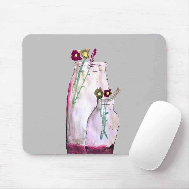 Whimsical watercolor wildflowers in vase mouse pad (With Mouse)
