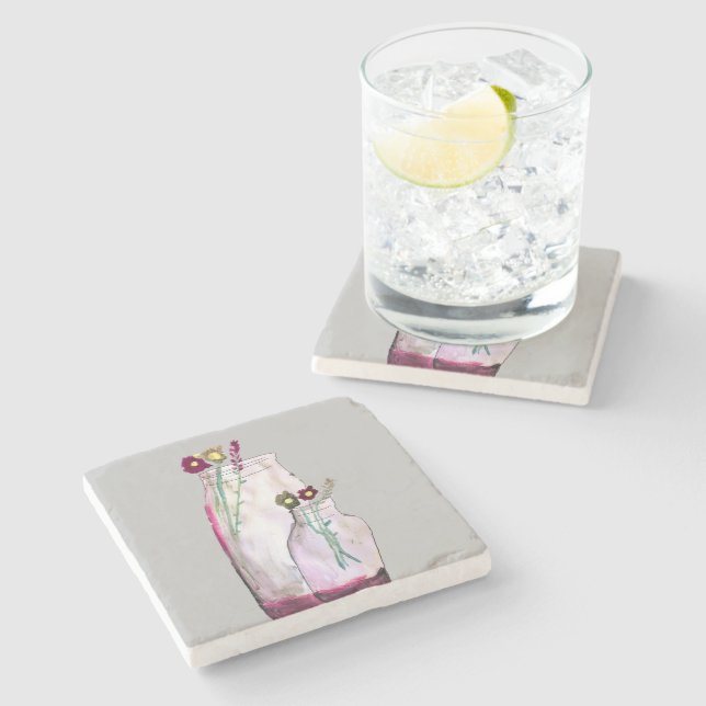 Whimsical watercolor wildflowers in vase stone coaster (Side)