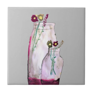 Whimsical watercolor wildflowers in vase tile