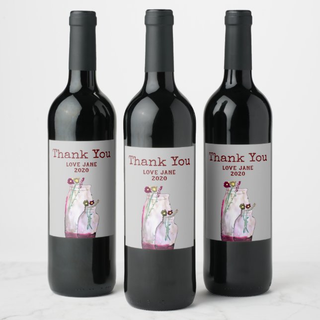 Whimsical watercolor wildflowers in vase wine label (Bottles)