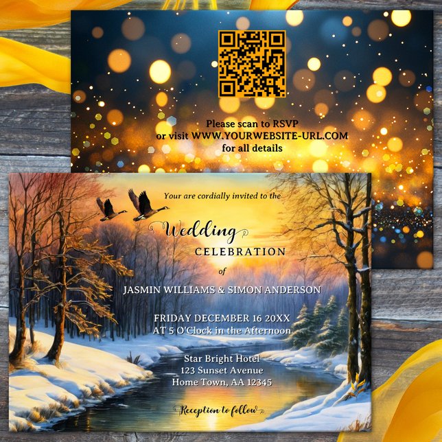 Whimsical Watercolor Winter All-in-One Wedding  Invitation (Winter wedding invitation featuring a whimsical watercolor painting of snow covered forest at sunset)