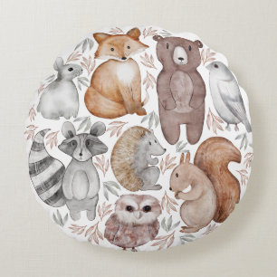Whimsical Watercolor Woodland Animals Pattern Round Pillow