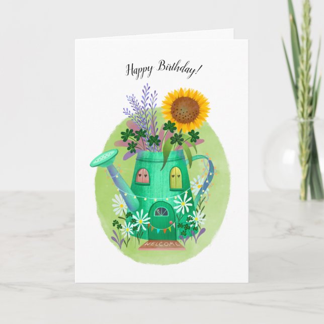 Whimsical Watering Can and Sunflower Birthday Card (Front)