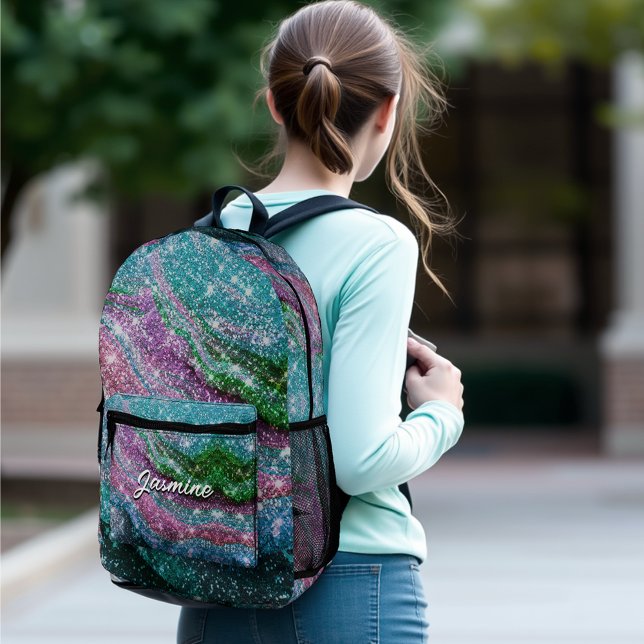 Whimsical wavy blue purple Glitter monogram Notebo Printed Backpack (Creator Uploaded)