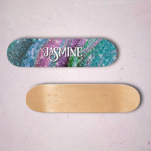 Whimsical wavy blue purple Glitter monogram Skateboard
