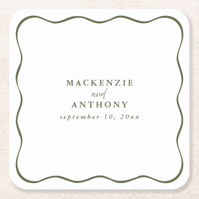 Whimsical Wavy Border Handwritten Modern Green Square Paper Coaster (Front)