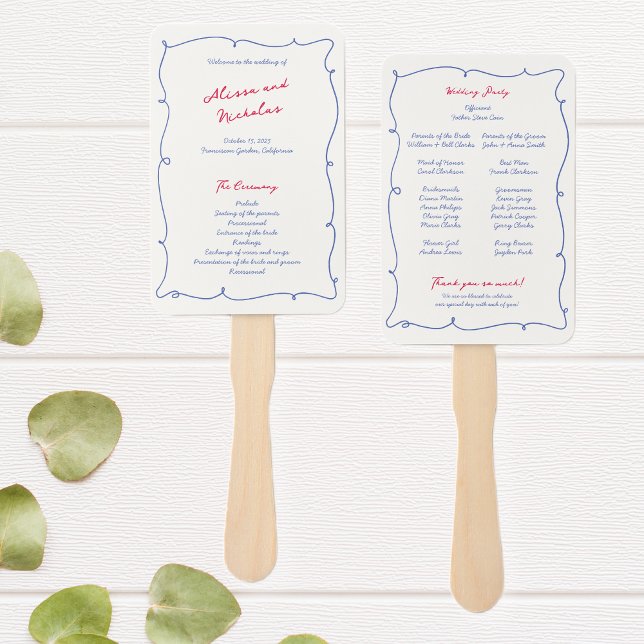 Whimsical Wavy Border & Script Wedding Program Hand Fan (Creator Uploaded)