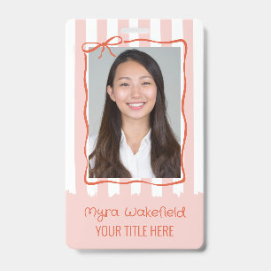 Whimsical Wavy Bow Frame Blush Stripes Photo Badge