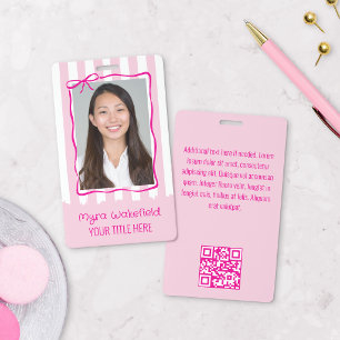 Whimsical Wavy Bow Frame Pink Stripes Photo Badge
