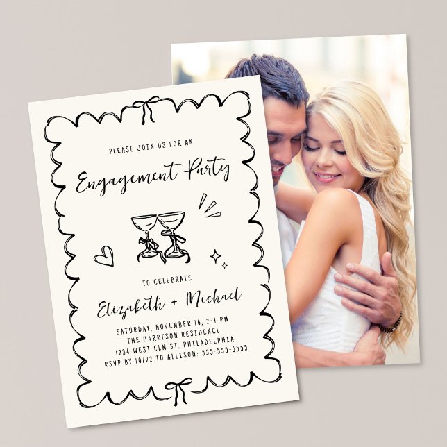 Whimsical Wavy Frame Cream Photo Engagement Party Invitation (Creator Uploaded)