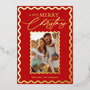 Whimsical Wavy Frame Elegant Calligraphy Christmas Foil Holiday Card