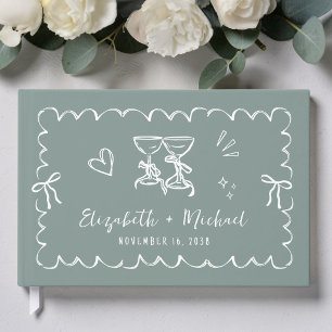 Whimsical Wavy Frame Hand Drawn Sage Green Wedding Guest Book