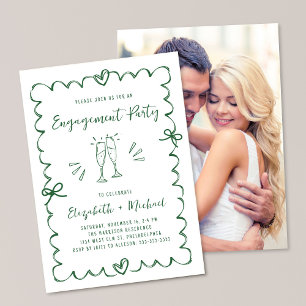 Whimsical Wavy Frame Photo Green Engagement Party Invitation