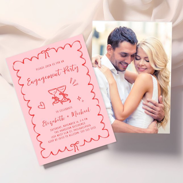 Whimsical Wavy Frame Pink Photo Engagement Party Invitation (Creator Uploaded)