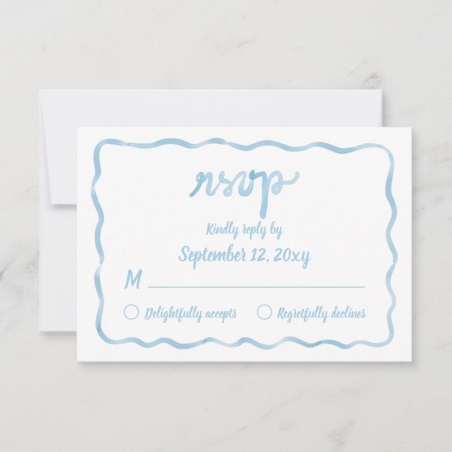 Whimsical Wavy Hand Illustrated Light Blue Frame RSVP Card (Front)