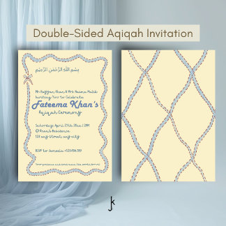 Whimsical Wavy of Light Yellow Soft Blue Aqiqah Invitation