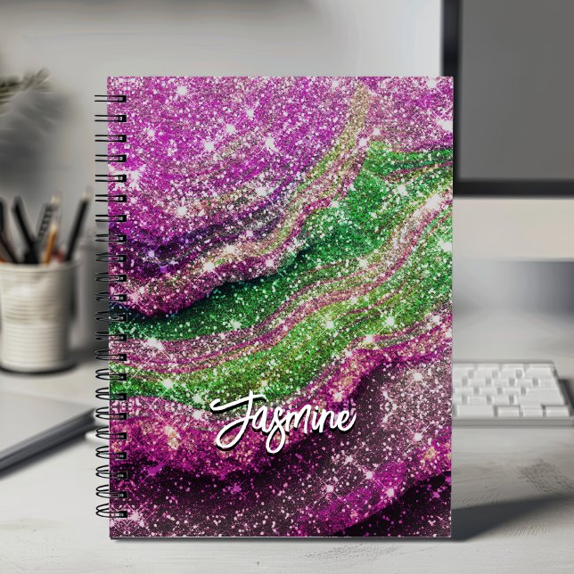 Whimsical wavy pink green Glitter monogram Noteboo Notebook (Creator Uploaded)