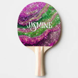 Whimsical wavy pink green Glitter monogram Ping Pong Paddle