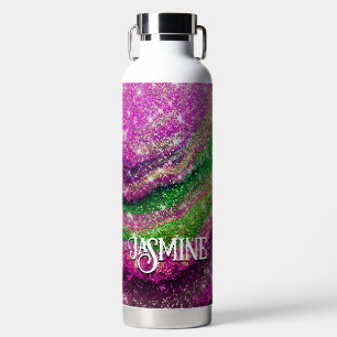 Whimsical wavy pink green Glitter monogram Water Bottle