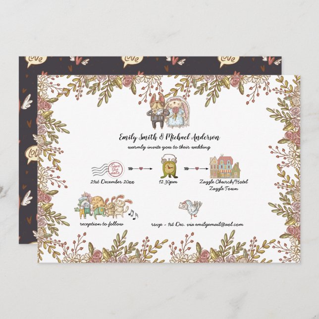 Whimsical Wedding Doodles Handwritten Timeline Invitation (Front/Back)
