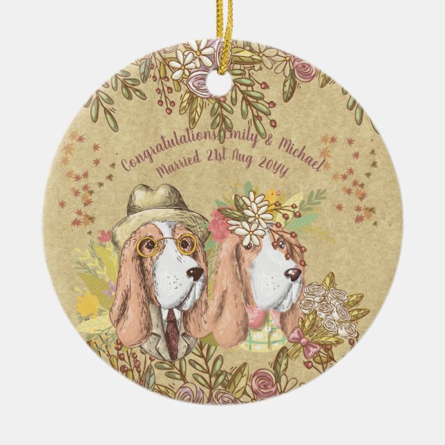 Whimsical Wedding Gift Basset Hound Bride Groom Ceramic Ornament (Front)