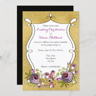 Whimsical Wedding Invite   FAUX Gold Foil, Flowers